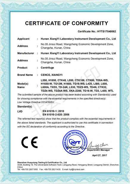 China Hunan Xiangyi Laboratory Instrument Development Co., Ltd. Certificações